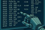 IMAGE: A robotic hand is writing on a computer screen filled with dense, low-level assembly code composed of cryptic instructions and hexadecimal values