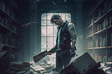 Man with a cleaver, in a library filled with destroyed books.