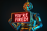 photo of a giant golden humanoid robot facing the camera, holding a giant “YOU’RE FIRED!” sign with a red cross on top of the words, pure black background, AI image created on midjourney AI by henrique centieiro and bee lee