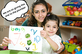 Photo of a child holding up a piece of artwork with a mother behind. The mother has a thought bubble that reads, “We are so giving this one to the plumber.”