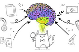 Cat holding a magnifying glass, viewing a brain with different sources of information entering it — papers, audio, people talking, websites, books and a microscope (representing science)