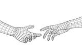 Two volumetric polygonal 3D hands drawn in black wires against a white background.