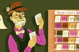 Illustration of a dapper man with a beard looking over two seed packets. There’s a display next to him with many seed packets and he has a speech bubble with a question mark.