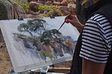 Landscape watercolour artist, trees, hill, Western Australia native bush