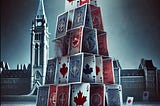 A house of cards with Canadian political symbols and Parliment buildings in the background.