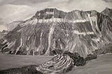 A monocromatic paintning of Vimy Peak, Alta by the author.