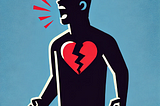 Cartoon silhouette of of a man yelling. Inside the silhouette of the man, there is a red heart that is shown as breaking. The image illustrates the idea of pain behind anger