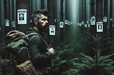 A bearded man in his 40s wearing a camping backpack stands amongst a dense, eerie forest. He stares at a line of pine trees with photo placards of missing persons. The mood is threatening, suspenseful and mysterious.