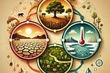 Infographic showcasing the interconnected challenges of desertification, biodiversity loss, and climate change. Features a barren desert landscape, vibrant plants and wildlife, and melting ice caps, visually linked to emphasize their interdependence.