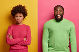 Facial reactions of an unhappy person on the left and a happy person on the right.