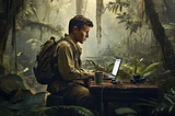 A man in khakis and a backpack is programming a computer in a jungle setting.