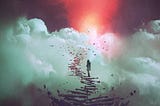 Young woman on broken stairs to the sky