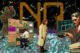An existential plane extending to an abstract background. Scattered through the scene are mainframes and control panels, being worked by faceless figure. In the center stands a downcast MD in old-fashioned scrubs. In the foreground to the right is an impatient older man in a business suit, staring at his watch and brandishing a sheaf of papers. In the background left is a grim reaper figure raising a glass of blood in a toast, the blood spattering his robes. In the center background in large mag