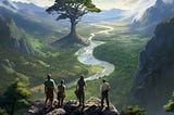 Four people standing on the rim of a valley, looking into the valley. A river flows through the middle of the valley. They’re looking at a huge tree across the river on the other side of the valley.