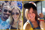Split image with a gold border showing two Pride-themed photos. On the left, a smiling man and woman wearing sunglasses take a selfie at an outdoor Pride event, with a crowd and rainbow gear in the background. The woman has a rainbow strap over her shoulder. On the right, a woman with shoulder-length hair smiles and raises her arm proudly to show a rainbow wristband. She’s wearing a rainbow-trimmed hat, yellow top, and denim overalls, standing on a balcony in the sunlight.