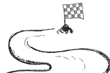 Ilustração monocromática, em preto e branco, contendo uma estrada com curvas. Seu ponto final é uma bandeira quadriculada.