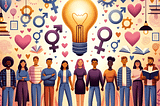 A picture of a diverse group of people holding hands. Behind them are assorted books, lights, light-bulbs and different gender symbols. Very wholesome.