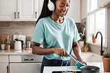 A woman cleaning or doing chores with headphones on fits with household multitasking.