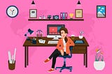 Drawing of smiling woman at desk with computer and coffee.