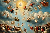 A sky with fluffy clouds and dozens of people floating among them in the style of a renaissance paintng.