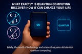 A digital illustration of a hand holding a smartphone with a quantum processor on screen, surrounded by glowing qubits and circuitry, representing the concept of quantum computing.