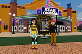 Sara Ferro and Chris Weil in front of the Star Cinema in Decentraland
