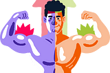 A man, coloured half in Kodular’s theme and the other half in AppyBuilder’s, showing of his well built body.