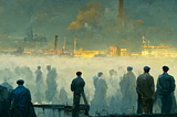 Painting style, a huddled crowd in a misty landscape look out on a far off industrial landscape