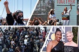 Top left: young black woman with fist raised at a Black Lives Matter rally, wearing an I can’t breathe mask; Top right: America Ferrera and Alicia Keys at the podium at a Families Belong Together Rally. Alicia has the mic and her fist in the air. Bottom left: Black Panther Cosplay gathering. Over twenty people, mostly black and brown, in Black Panther costumes. Bottom right: metoo founder Tarana Burke and actress Michelle Williams at the 2018 Golden Globe Awards