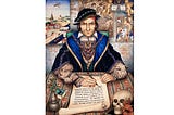 “The Scribe” by Arthur Szyk — The text of the document commentary on the state of the world, written by the artist. At first, the period of the painting seems to be medieval because of the scribe’s clothes. But on closer inspection, we can see an airplane, cherubs holding a dollar bill, and an abstract painting in the style of Picasso. Source: Wikimedia Commons