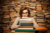 An AI-generated photo of a girl wearing glasses surrounded by stacks of books