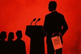 Silhouetted politician at a podium hides a document behind his back from a group of people, all set against a stark red background.