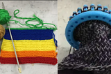 Left: Square on knitting needles. Right: Square on small round loom