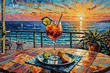 Impressionist image of a cocktail on a table overlooking the ocean and sunset.