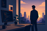 A minimalist illustration of a developer standing in a dim workspace, looking out a large window at a city skyline during sunset, with a computer showing code on a desk nearby and soft, muted colors creating a reflective mood.