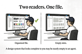 Split illustration showing a human designer reading a polished Figma file on the left, and an AI agent reading the same file as a sparse, context-free wireframe on the right. The contrast shows what’s visible versus what’s machine-readable.