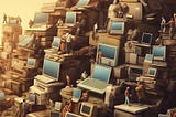 a mountain of computers with humans climbing between them