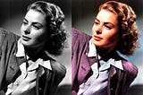 The screenshot compares the old black and white image with its colorized version, achieved using Pixbim Color Surprise AI.