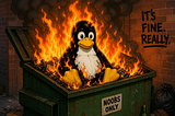 Illustrationof Tux in a burning dumpster, generated with LLM.