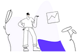 Person with big shoes and with one hand on hip and the other pointing to a graph with an arrow going up.