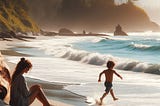 a boy running in ocean surf on a sunny beach with his mother sitting and watching