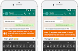 The first design, "Preview", shows a transcription of how a message would be read aloud above a mobile keyboard. The example shows that the user typed a message saying "That's great!" followed by three "Face with tears" emoji in a row. The Preview design transcribes: "That's face with tears of joy with tears of joy with tears of joy". The second design, "Alert", instead shows the following text above the keyboard: "Alert: 😂 appears three times — emoji descriptors may be voiced consecutively".