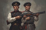 Two men in uniform bearing something of a resemblance to the late Chinese General Chiang Kai Shek holding shotguns. Image is AI created.
