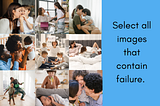A mock-up captcha image with nine squares of various parents and the text “Select all imges that contain failure.”