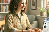 A photorealistic image of a slightly plump 40-year-old woman sitting at a desk, engaging in email marketing best practices to build her writing business. She is surrounded by a laptop, notes, and a cup of coffee. The setting is a cozy, well-lit home office with a bookshelf in the background filled with books on writing and marketing. The woman is focused, typing on her laptop, and smiling slightly as she works.