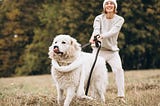 Woman wearing white clothes holds onto an energetic retriever.
