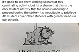 Screenshot of a LinkedIn post by Sam Davis, Oakland school board director, with a photo of a black and white sign with Oakland Tech’s mascot, a bulldog, that says “AP Calculus BC, Exam in Progress, Please Do Not Disturb.” Text of post in caption.