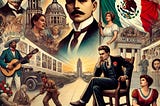 Illustration of Mexico’s 20th-century political transformation, featuring a portrait of Lázaro Cárdenas and symbols of the PRI party’s rule. The background includes imagery from the Mexican Revolution and contrasts between populist ideals and authoritarian control, highlighting Mexico’s diverse social classes and the evolution from PRI’s dominance to multi-party democracy.