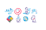 Drawing of variations of Clippy’s avatar: a cat, a red dot, a paperclip, a small robot, the Windows 97 logo, a wizard, mother earth and a puppy