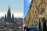 Two photos show the Sagrada Familia cathedral. One shows the building and its numerous spires at a distance with a towering construction crane. The other photo show elaborate carvings around the main entrance.